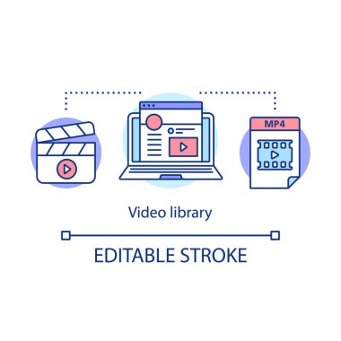 Video kitaplığı kavram simgesi. Internet vlog içerik barındırma fikir ince çizgi illüstrasyon. Görüntüler, klipler, teyp kütüphanesi. Video eğitimleri. Vektör yalıtılmış anahat çizimi. Kullanılabilir kontur