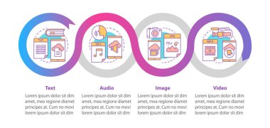 Dijital kütüphane vektör bilgi grafiği şablonu. Medya türleri. İş sunumu tasarım öğeleri. 4 adım ve seçenekile veri görselleştirme. İşlem zaman çizelgesi grafiği. Doğrusal simgelerle iş akışı düzeni