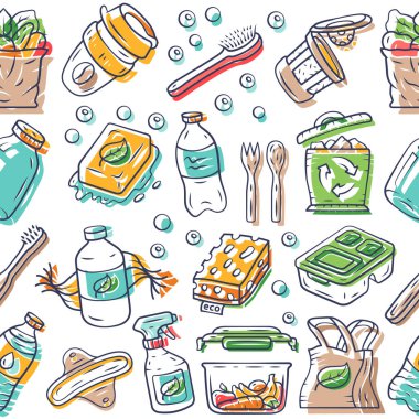 Eko ürünler vektör dikişsiz desen. Doğal gıda arka plan. Beyaz doku, elle çizilmiş renk simgeleri. Ekolojik hijyen maddeleri. Meyveler, sebzeler. Organik ev ambalaj kağıdı, duvar kağıdı tasarımı