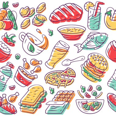 Gıda vektörü dikişsiz desen. Beslenme geçmişi. Beyaz doku, elle çizilmiş renk simgeleri. Mutfak yarı bitmiş ürünler. Pizza, hamburger. Balık ve et. Fast food ambalaj kağıdı, duvar kağıdı tasarımı