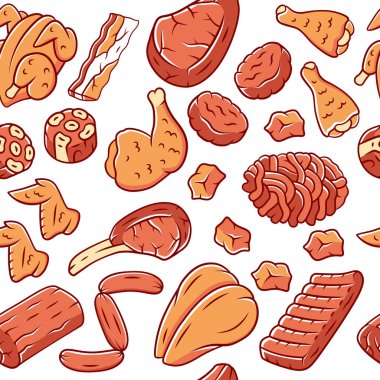 Kasaplar et vektör dikişsiz desen. Domuz eti, sığır eti, kümes hayvanları geçmişi. Beyaz doku, elle çizilmiş renk simgeleri. Et üretimi ve satışı. Kasaplık iş ambalaj kağıdı, duvar kağıdı tasarımı