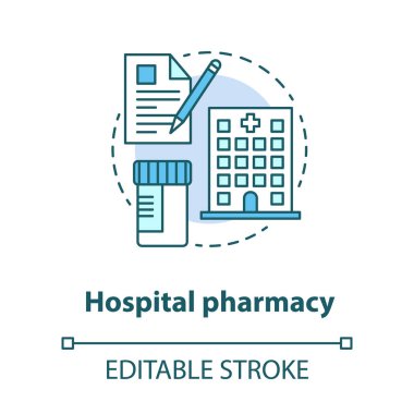 Hastane eczane konsept simgesi. İlaç fikri ince çizgi illüstrasyon. Yoğun bakım ilaç tedavisi. Ambulatuar bakım reçetesi. Vektör yalıtılmış anahat çizimi. Kullanılabilir kontur