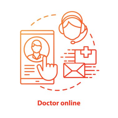 Doktor online konsept simgesi. Internet hekim hizmet fikri ince çizgi illüstrasyon. Klinik, hastane çağrı merkezi. Uzman akıllı telefon uygulaması messenger. Vektör yalıtılmış anahat çizimi