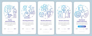 Eczane şube mobil uygulama sayfası ekran vektör şablonu onboarding. Nükleer ve onkoloji ilaç araştırması. Doğrusal çizimler ile Walkthrough web sitesi adımları. Ux, Ui, Gui akıllı telefon arayüz konsepti