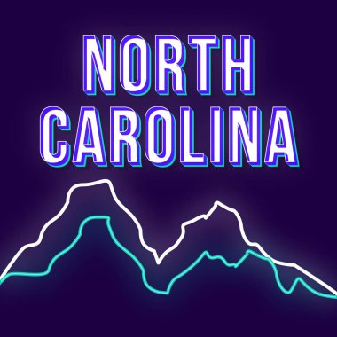 Kuzey Carolina vintage 3d vektör yazı. Retro kalın yazı tipi, neon ışık kontur dağları siluet ilerlemiş yazı tipi. Pop art stilize metin. 90'lar, 80'ler poster tipografi sipo tasarımı. Koyu mavi renk arka plan