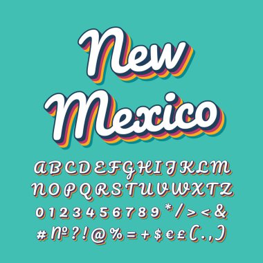 New Mexico vintage 3d vektör yazı. Retro kalın yazı tipi, gökkuşağı gölgesi ile italik yazı tipi. Pop art, eski tarz harfler, sayılar paketi. 90'lar, 80'ler tipografi tasarımı. Turkuaz renkli arka plan