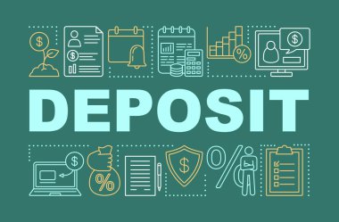 Mevduat ve yatırım kelime kavramları afiş. Tasarruf, sermaye oluşumu. Banka hesabı. Sunum, web sitesi. Doğrusal simgeler ile izole harf tipografi fikri. Vektör anahat çizimi