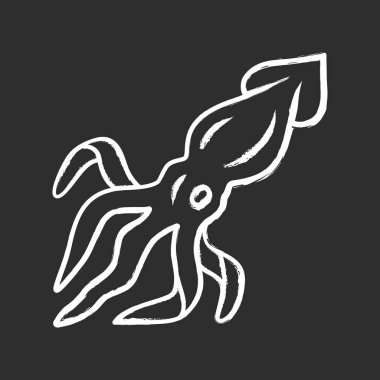 Kalamar tebeşir simgesi. Dokunaçları ile yüzme deniz hayvanı. Deniz ürünleri restoranı. Sualtı yaratığı. Yüzen deniz balığı. Suda omurgasız yumuşakça. Yalıtılmış vektör tebeşir tahtası çizimi