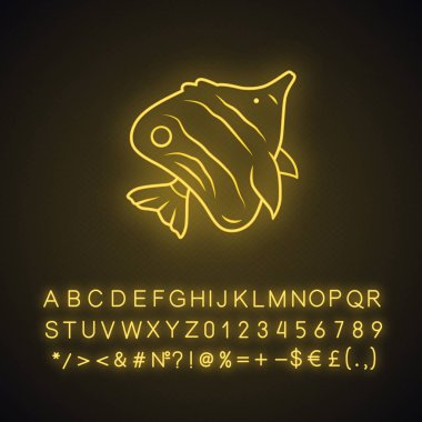 Butterflyfish neon ışık simgesi. Yüzen balık. Tropikal su hayvanı. Deniz akvaryumu. Denizaltı sakini. Okyanus faunası. Alfabe, sayılar ve semboller ile parlayan işareti. Vektör izole illüstrasyon