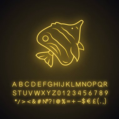 Butterflyfish neon light icon. Swimming fish. Tropical aquatic animal. Marine aquarium. Undersea inhabitant. Ocean fauna. Glowing sign with alphabet, numbers and symbols. Vector isolated illustration clipart