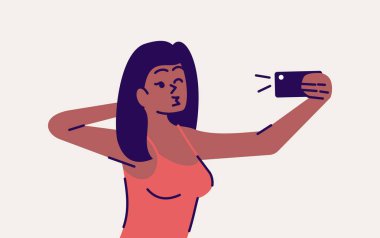 Selfie poz düz vektör illüstrasyon. Mutlu kadın kendi fotoğrafını çekiyor. Kız öpüşme ve akıllı telefon kamera portre için göz kırpma. Cep telefonu fotoğrafçılığı gri arka planda çizgi film karakteri izole