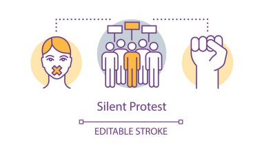 Sessiz protesto kavramı simgesi. Sivil itaatsizlik, şiddetsiz direniş fikri ince çizgi illüstrasyon. Yükseltilmiş yumruk, protestocular, bantlı ağız vektör izole anahat çizim ile aktivist. Kullanılabilir kontur