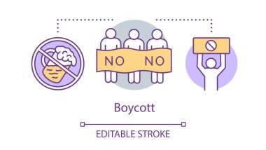 Boycott concept icon. Public product abstention, consumer activism idea thin line illustration. Protesters, activists with banners and placards vector isolated outline drawing. Editable stroke clipart