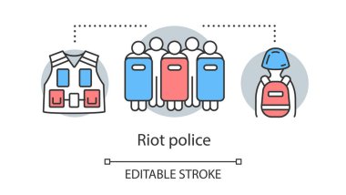 Çevik kuvvet konsept ikonu. Sivil huzursuzluk kontrolü, isyan bastırma fikri ince çizgi illüstrasyon. Kalkan, yelek ve koruyucu ekipman vektör izole anahat çizim ile insanlar. Kullanılabilir kontur