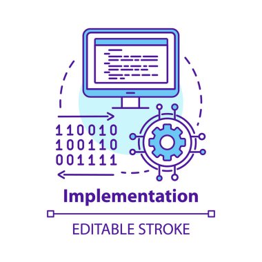 Uygulama kavramı simgesi. Yazılım kodlaması. Bilgisayar programlama ve dağıtım fikri ince çizgi illüstrasyon. Bilgi teknolojisi. Vektör yalıtılmış anahat çizimi. Kullanılabilir kontur