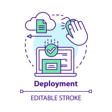 Dağıtım kavramı simgesi. Veri gönder, al. Ürün sürümü. Kullanılabilirlik testi. Tüketicilere fikir ince çizgi illüstrasyon tamamlanmış yazılım teslim. Vektör yalıtılmış anahat çizimi. Kullanılabilir kontur
