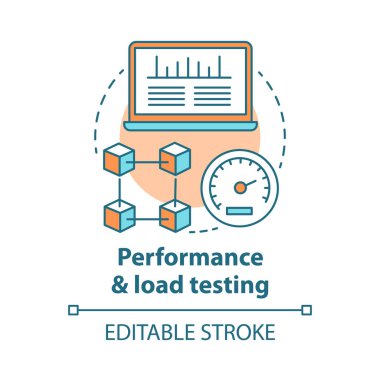 Performans ve yük testi kavram simgesi. Araştırma sistemi hızı, stabilite. Web sitesi hız optimizasyonu. Uygulama denetimi fikri ince çizgi çizimi. Vektör yalıtılmış anahat çizimi. Kullanılabilir kontur
