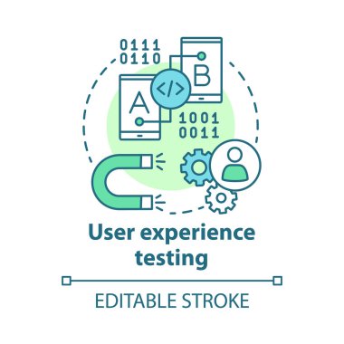 Kullanıcı deneyimi test kavram simgesi. Ux. Yazılım geliştirme. Bilgi teknolojisi. Uygulama fikri ince çizgi çiziminde hata düzeltme. Vektör yalıtılmış anahat çizimi. Kullanılabilir kontur