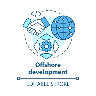 Offshore geliştirme kavram simgesi. Dünyanın dört bir yanından serbest çalışanlar ala. International It iş şirketi fikir ince çizgi illüstrasyon. Vektör yalıtılmış anahat çizimi. Kullanılabilir kontur