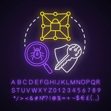 Güvenlik testi neon ışık kavramı simgesi. Güvenlik denetimi. Anahtar güvenilirlik ve antivirüs savunması. Veri koruma fikri. Alfabe, sayılar ve semboller ile parlayan işareti. Vektör izole illüstrasyon