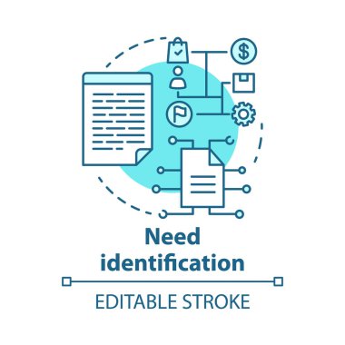 Kimlik kavramı simgesine ihtiyacınız var. Pazar ve tüketici analizi. İş planı. Stratejik proje yönetimi fikri ince çizgi illüstrasyon. Vektör yalıtılmış anahat çizimi. Kullanılabilir kontur