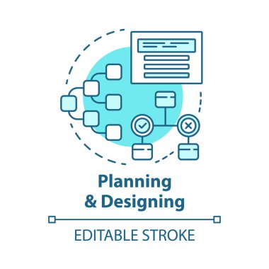 Kavram simgesini planlama ve tasarlama. Sistem operasyon algoritması fikir ince çizgi illüstrasyon. İş yapısı, rapor. Gereksinimlerin sistematizasyonu. Vektör yalıtılmış anahat çizimi. Kullanılabilir kontur