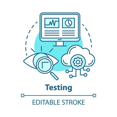 Kavram simgesini test etme. Bilgisayar ve bulut depolama hakkında bilgi arayın. Web analizi. Fikir ince çizgi illüstrasyon tanıyan kusurları. Vektör yalıtılmış anahat çizimi. Kullanılabilir kontur
