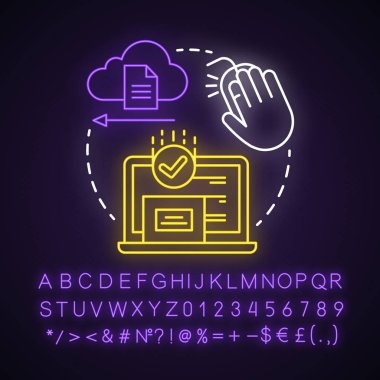 Dağıtım neon ışık kavramı simgesi. Veri gönder, al. Ürün sürümü. Kullanılabilirlik testi fikri. Alfabe, sayılar ve semboller ile parlayan işareti. Vektör izole illüstrasyon