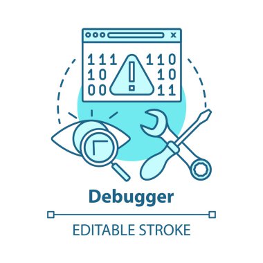 Hata ayıklama kavram simgesi. Hata ayıklama aracı. Yazılımı test etme ve ayarlama. Bilgisayar programı geliştirme. Kod hatası denetleme fikri ince çizgi çizimi. Vektör yalıtılmış anahat çizimi. Kullanılabilir kontur