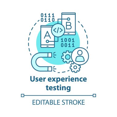 Kullanıcı deneyimi test kavram simgesi. Ux. Yazılım geliştirme. Bilgi teknolojisi. Uygulama fikri ince çizgi çiziminde hata düzeltme. Vektör yalıtılmış anahat çizimi. Kullanılabilir kontur