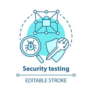 Güvenlik testi kavram simgesi. Güvenlik denetimi. Anahtar güvenilirlik ve antivirüs savunması. Saldırı veri koruma fikri ince çizgi illüstrasyon. Vektör yalıtılmış anahat çizimi. Kullanılabilir kontur