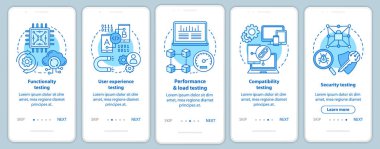 Mobil uygulama sayfası ekran vektör şablonu üzerinde yazılım testi. Bilgisayar programı geliştirme. Doğrusal çizimler ile Walkthrough web sitesi adımları. Ux, Ui, Gui akıllı telefon arayüz konsepti