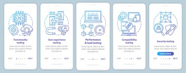 Mobil uygulama sayfası ekran vektör şablonu üzerinde yazılım testi. Bilgisayar programı geliştirme. Doğrusal çizimler ile Walkthrough web sitesi adımları. Ux, Ui, Gui akıllı telefon arayüz konsepti