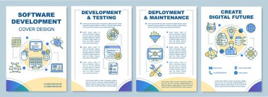Yazılım geliştirme broşürü şablonu. Test, bakım. El ilanı, kitapçık, broşür baskı tasarımı, doğrusal çizimler. Dergiler için vektör sayfa düzenleri, yıllık raporlar, reklam afişleri