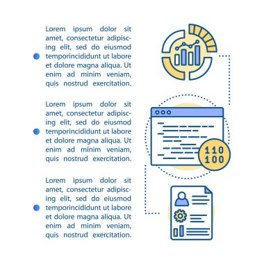 Geliştirme ve test makale sayfası vektör şablonu. Yazılım programlama. Broşür, dergi, doğrusal simgeler, metin kutuları ile kitapçık tasarım elemanı. Baskı tasarımı. Kavram çizimleri, metin alanı