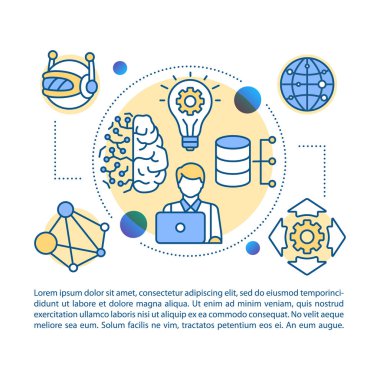 Dijital gelecek makale sayfası vektör şablonu oluşturun. Yazılım geliştirme. Broşür, dergi, kitapçık tasarım elemanı, doğrusal simgeler, metin kutuları. Baskı tasarımı. Kavram çizimleri, metin alanı