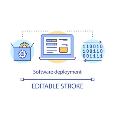 Yazılım dağıtım kavramı simgesi. Uygulama kurulumu ve desteği. Program yükleme, yapılandırma, test fikri ince çizgi illüstrasyon. Vektör yalıtılmış anahat çizimi. Kullanılabilir kontur