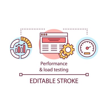 Performans ve yük testi kavram simgesi. Programı iş yükü altında denetleyin. Araştırma sistemi hız ve istikrar fikri ince çizgi illüstrasyon. Vektör yalıtılmış anahat çizimi. Kullanılabilir kontur