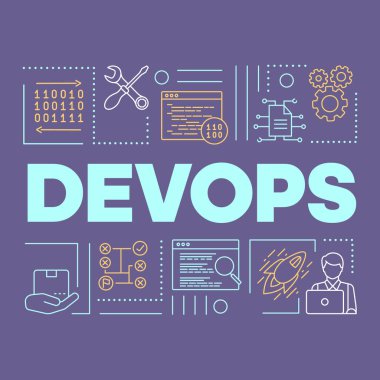 Devops kelime kavramları afiş. İkili sistem. Sunum, web sitesi. Doğrusal simgeler ile izole harf tipografi fikri. Yazılım geliştirme ve operasyon işbirliği. Vektör anahat çizimi