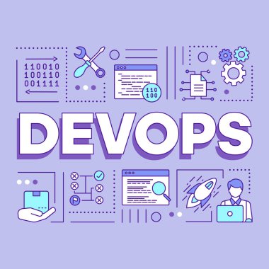 Devops kelime kavramları afiş. Yazılım geliştirme ve operasyon işbirliği. İkili sistem. Sunum, web sitesi. Doğrusal simgeler ile izole harf tipografi fikri. Vektör anahat çizimi