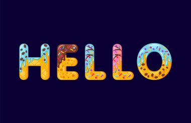 Hello biscuit vector lettering. Glazed gingerbread inscription. Tempting flat design typography. Cookies letters hi phrase isolated on dark blue. Biscuit word t shirt print, banner colorful element