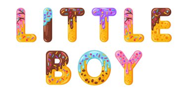 Little boy biscuit vector lettering. Glazed gingerbread inscription. Tempting flat design typography. Cookies letters baby phrase isolated on white Biscuit word postcard print, childish banner element