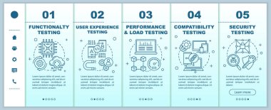 Mobil web sayfaları vektör şablonuna yönelik yazılım testi. Doğrusal çizimler ile duyarlı akıllı telefon web sitesi arayüz fikri. Web sayfası walkthrough adım ekranlar. Renk kavramı