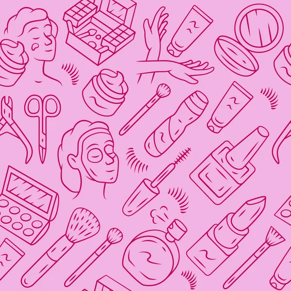 美容製品ベクトルシームレスパターン メイクアップの背景 ピンクのテクスチャ 線形アイコン 美容サービス アイシャドウ クリームスキンケア 化粧品包装紙 壁紙デザイン — ストックベクタ