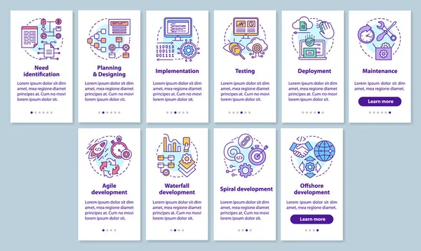 ソフトウェア開発段階とモバイルアプリのページ画面に線形の概念を設定する方法論 チュートリアルの手順のグラフィック手順 イラスト付きUx Guiベクトルテンプレート — ストックベクタ