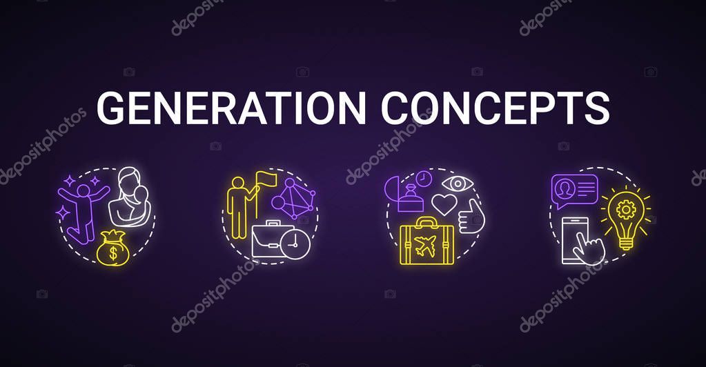 Generation neon light concept icons set. Age groups idea. Baby boomers. Gen Z and millennials. Generation X. Peer groups. Glowing vector isolated illustration