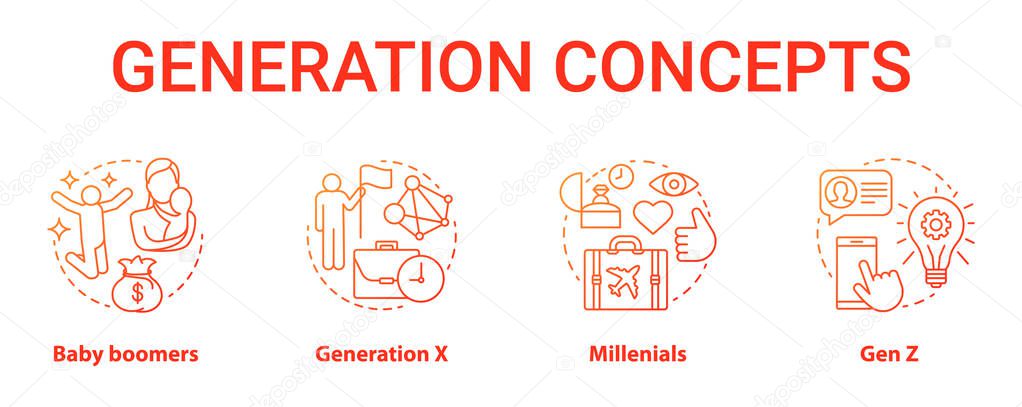Generation red concept icons set. Age groups idea thin line illustrations. Baby boomers. Classic lifestyle. Generation X. Peer groups. Vector isolated outline drawings. Gen Z and millennials