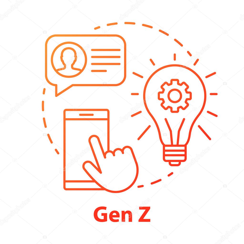 Gen Z red concept icon. Age group idea thin line illustration. Digital technologies. Innovations development. Online communication. Homeland Generation. Vector isolated outline drawing