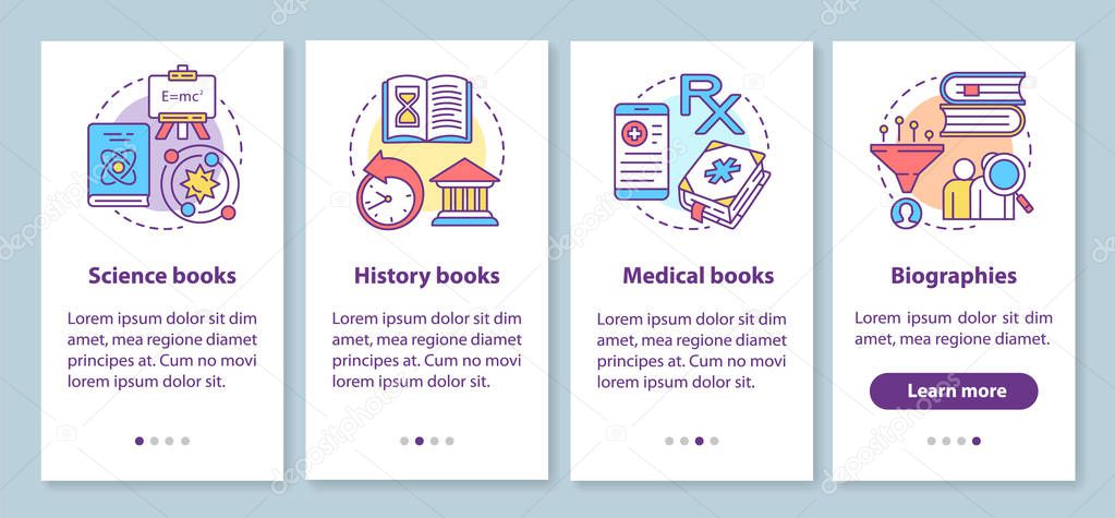 Books catalogue onboarding mobile app page screen with linear concepts. Different book genres walkthrough steps graphic instructions. UX, UI, GUI vector template with illustrations