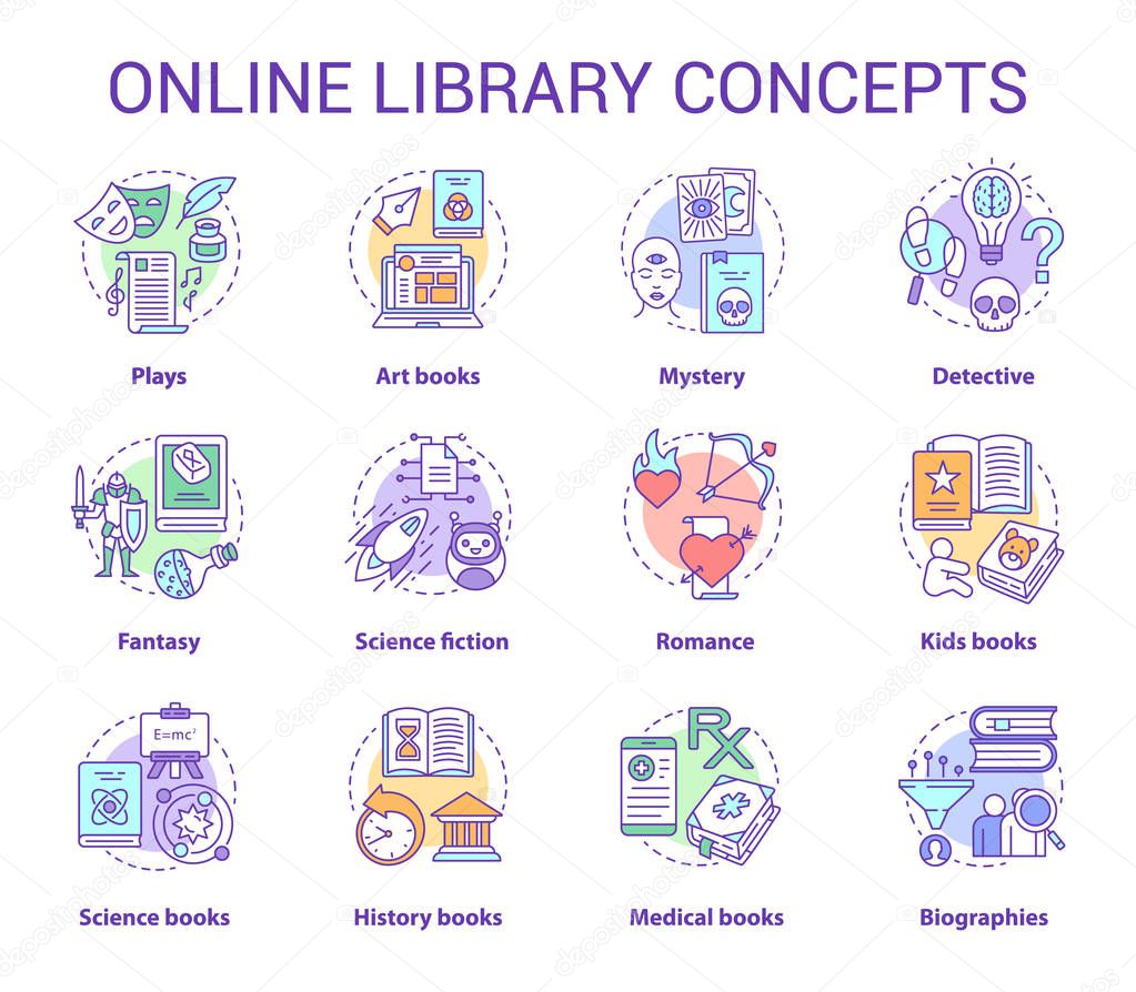 Online library concept icons set. Book catalogue idea thin line illustrations. Fantasy, biographies, medical, history, plays, romance & mystery types. Vector isolated outline drawings. Editable stroke